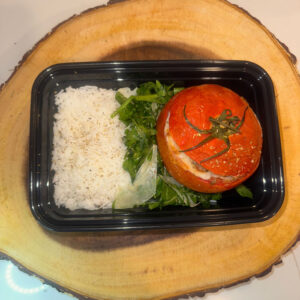 Stuffed Tomatoes with Lean Ground Beef, with White Rice and Arugula Salad (Olive Oil & Parmesan Shavings)