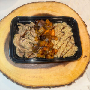 Spiced beef, with quinoa and sautéed eggplant