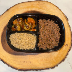 Lean Ground Beef 97% Fat-Free, with Quinoa and Sautéed Zucchini with Black Olives