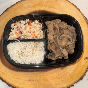 Sautéed Beef and Mushroom Cream, with White Rice and Coleslaw Salad