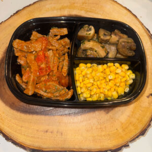 Orozco-Style Beef (Lemon Sauce & Sliced Tomatoes), with Corn and Garlic Mushrooms