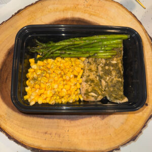 Fish Fillet with Pesto Topping, with Corn and Asparagus
